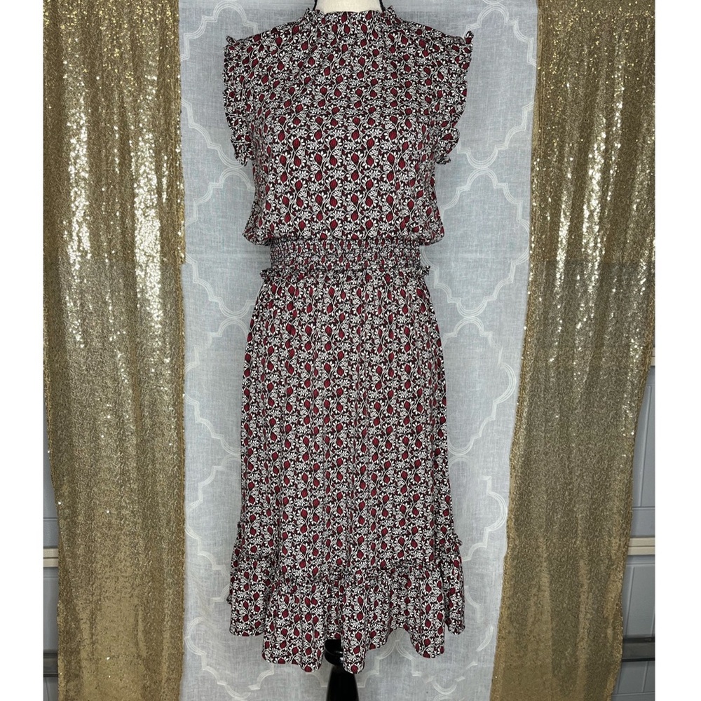 Michael Kors Floral Dress High Neck Smocked Waist Size Medium Flare Bottom